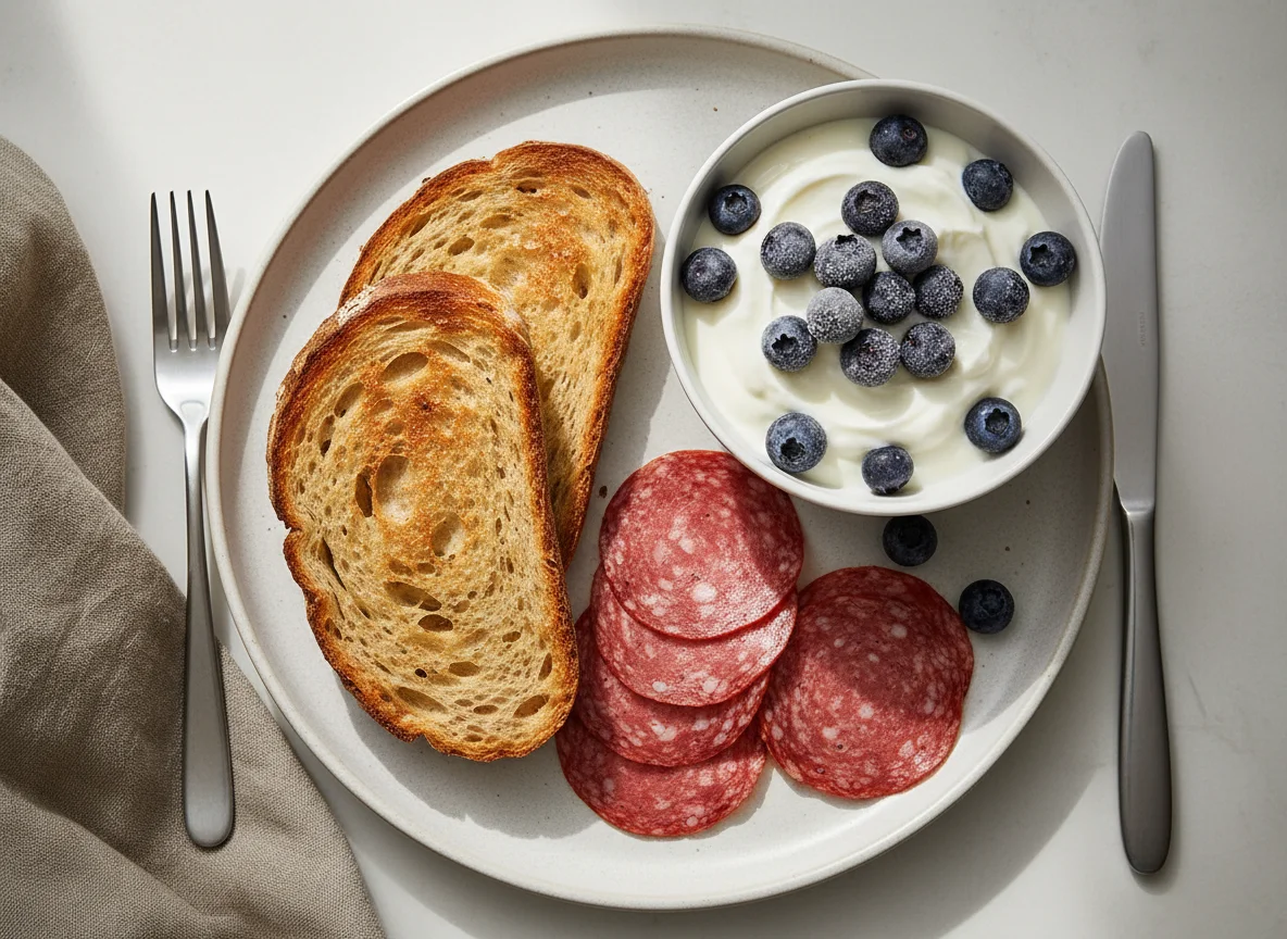 Breakfast with Toast, Salami, Yogurt and Blueberries photo