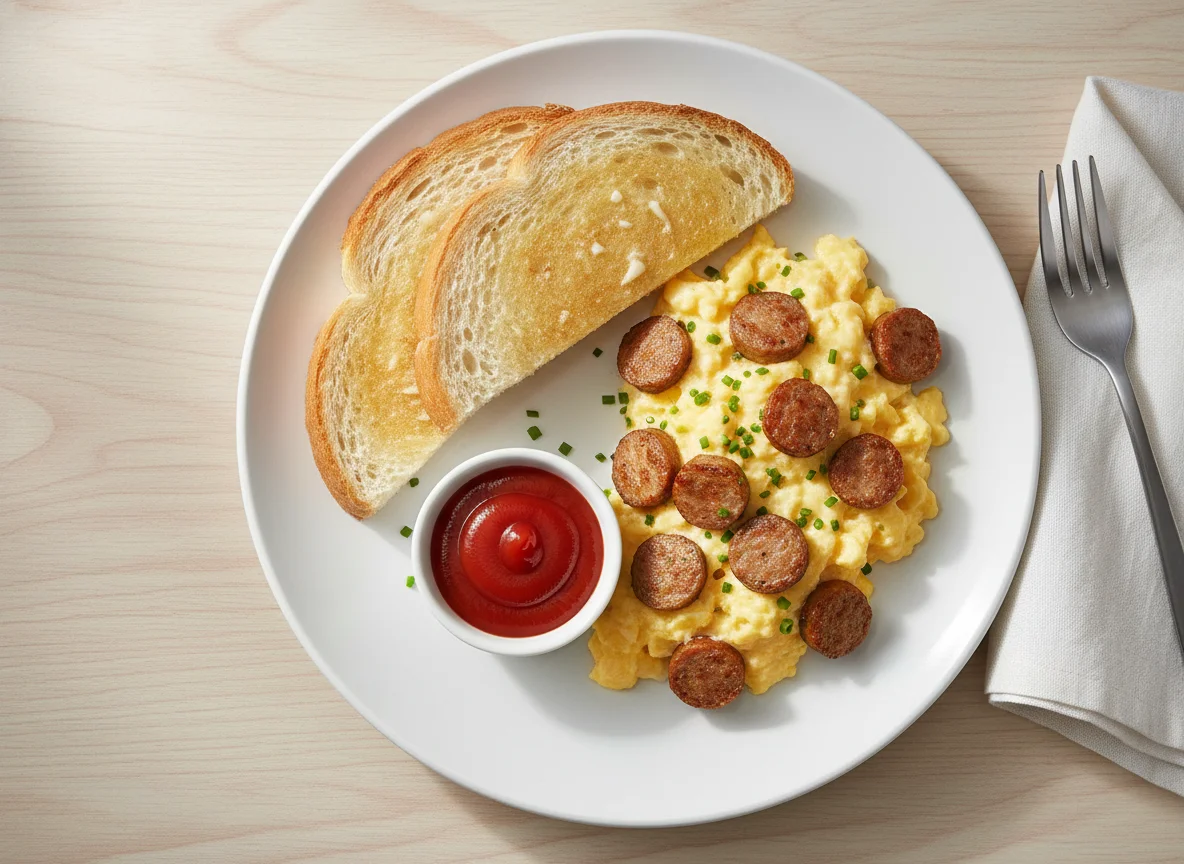 Breakfast with Toast, Scrambled Eggs, and Sausage photo