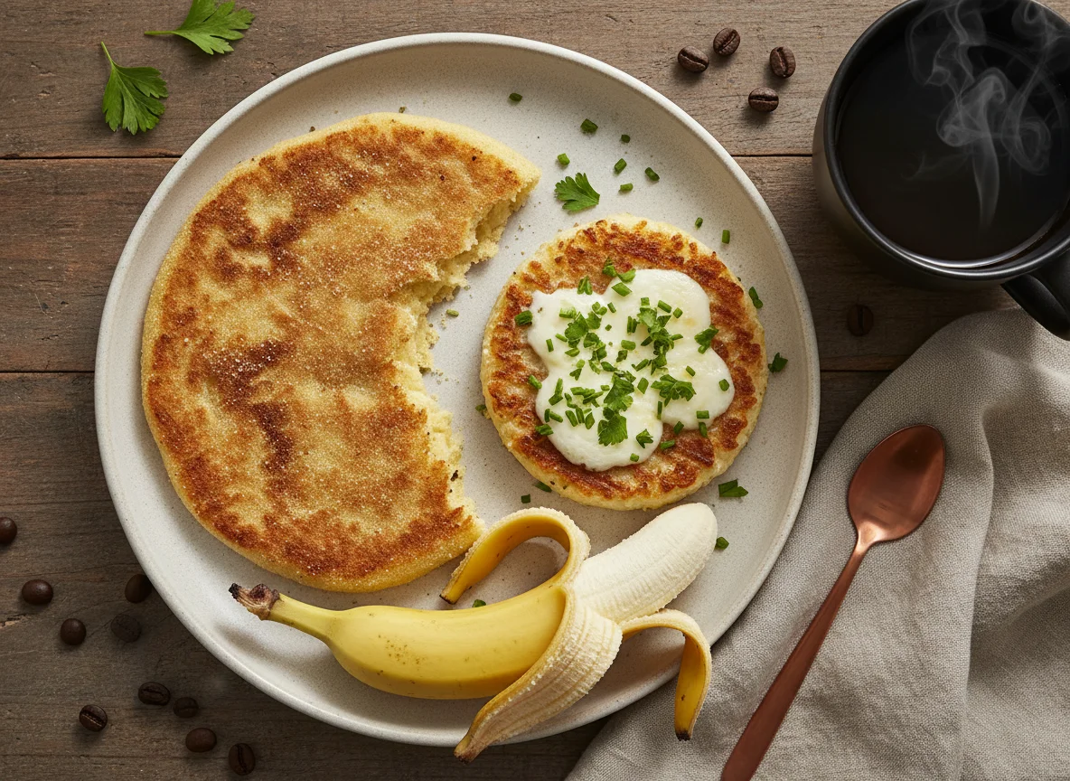 Breakfast with Toasted Flatbread, Savory Rice Cake, Banana, and Coffee photo