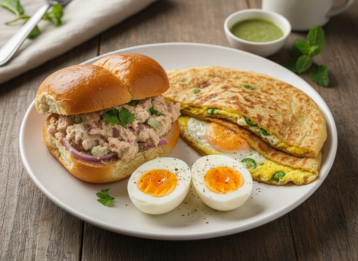 Breakfast with Tuna Bun, Egg Paratha, and Boiled Eggs photo