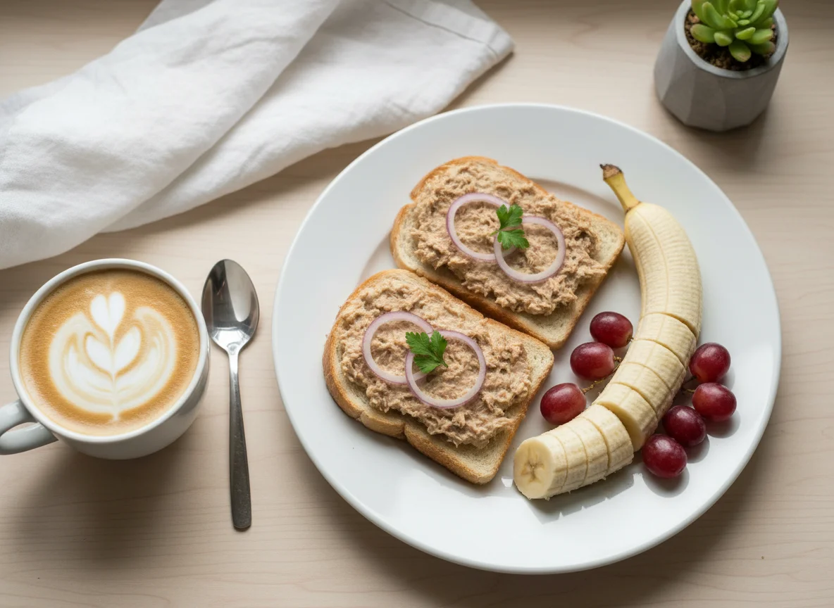 Breakfast with tuna toast, banana, and coffee photo