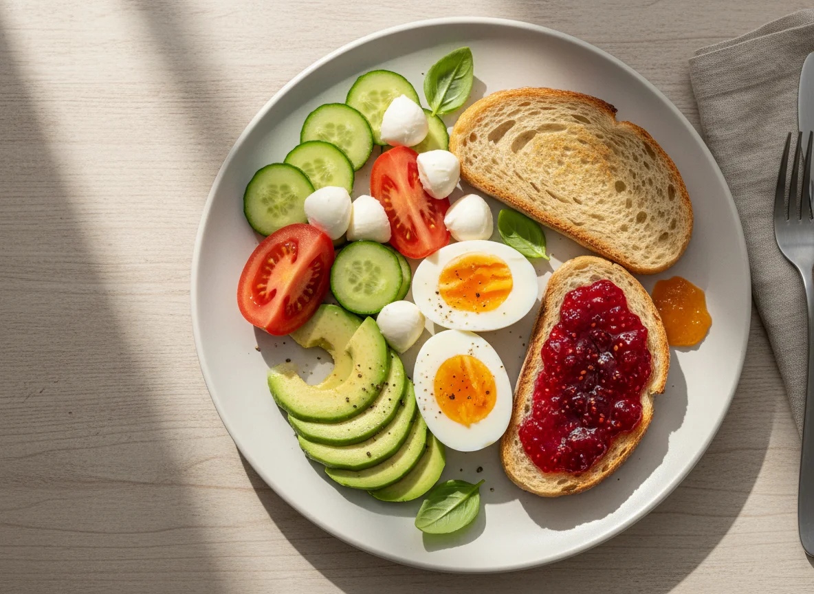 Breakfast with vegetables, cheese, eggs, avocado, and toast photo
