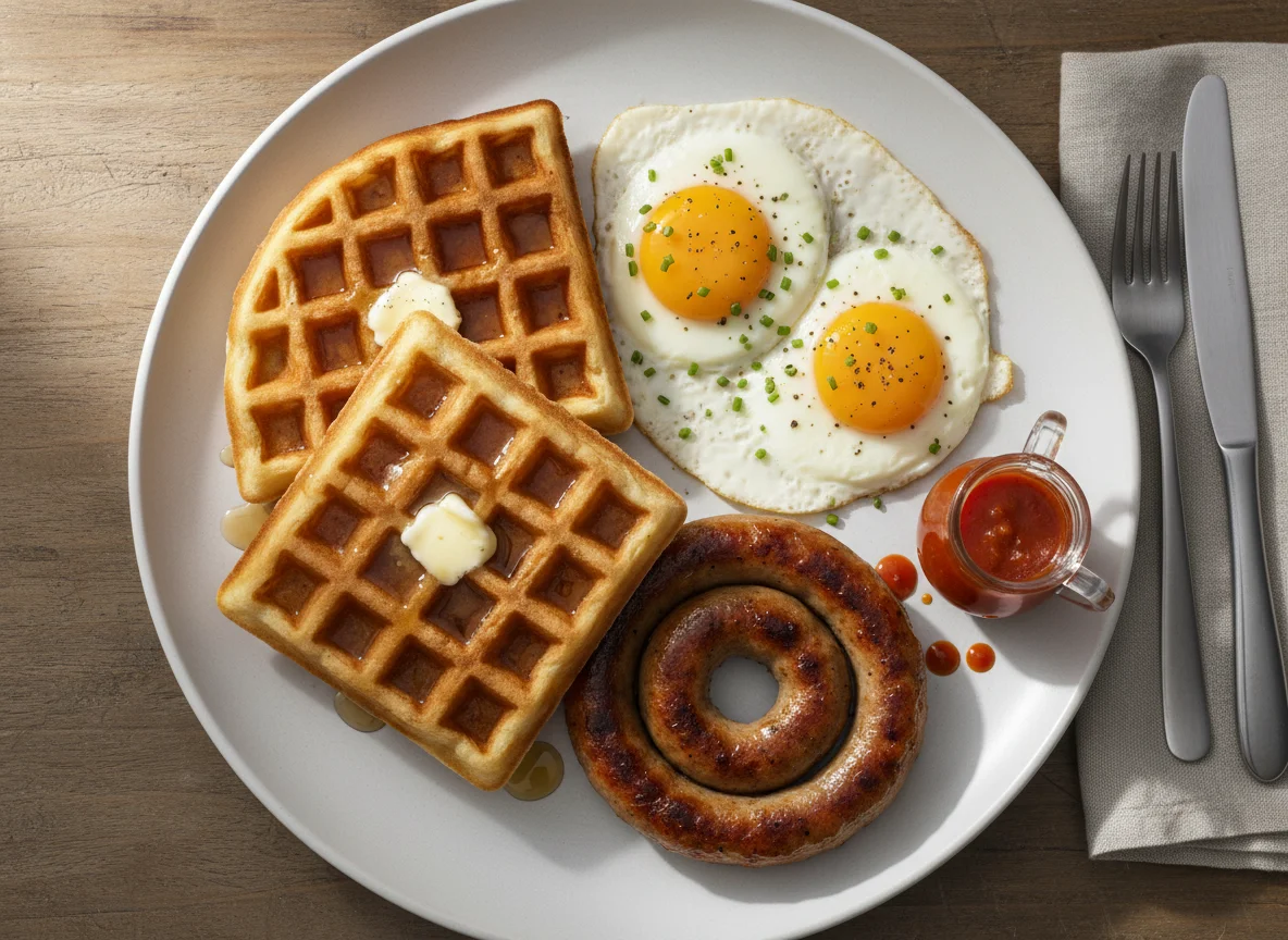 Breakfast with Waffles, Eggs, Sausage, and Hot Sauce photo