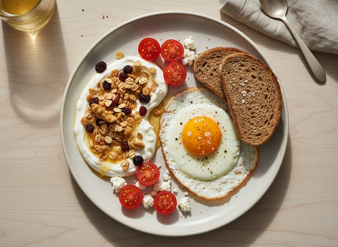 Breakfast with Yoghurt and Fried Egg photo