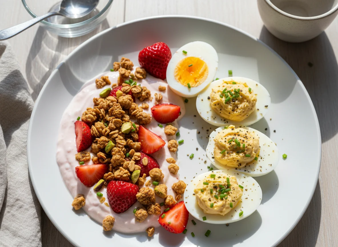Breakfast with Yogurt, Granola, and Deviled Eggs photo