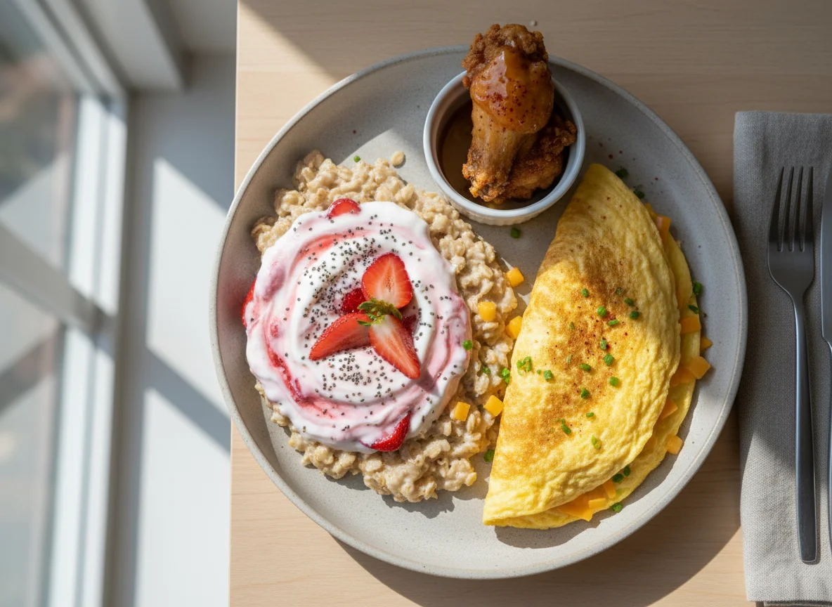 Breakfast with Yogurt Oats and Omelette photo