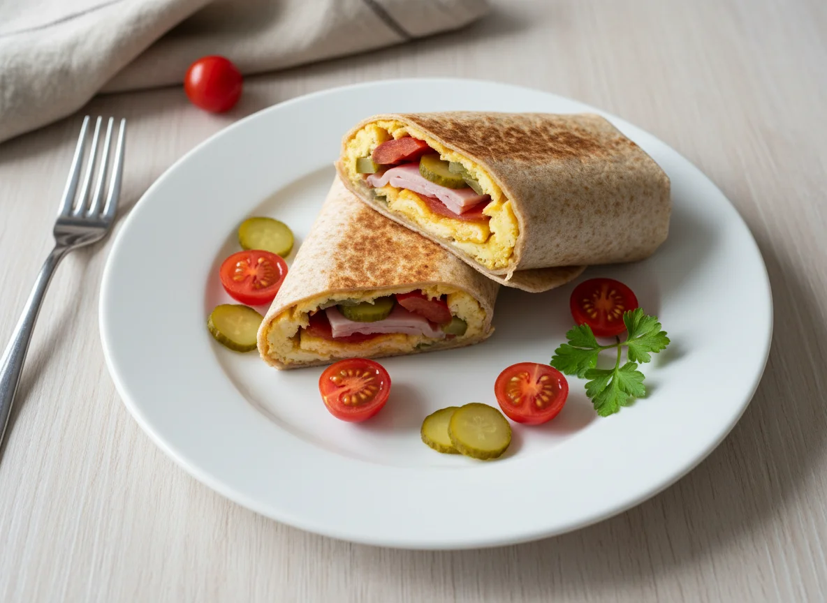 Breakfast wrap with scrambled eggs, ham, cherry tomatoes, and pickled gherkins photo