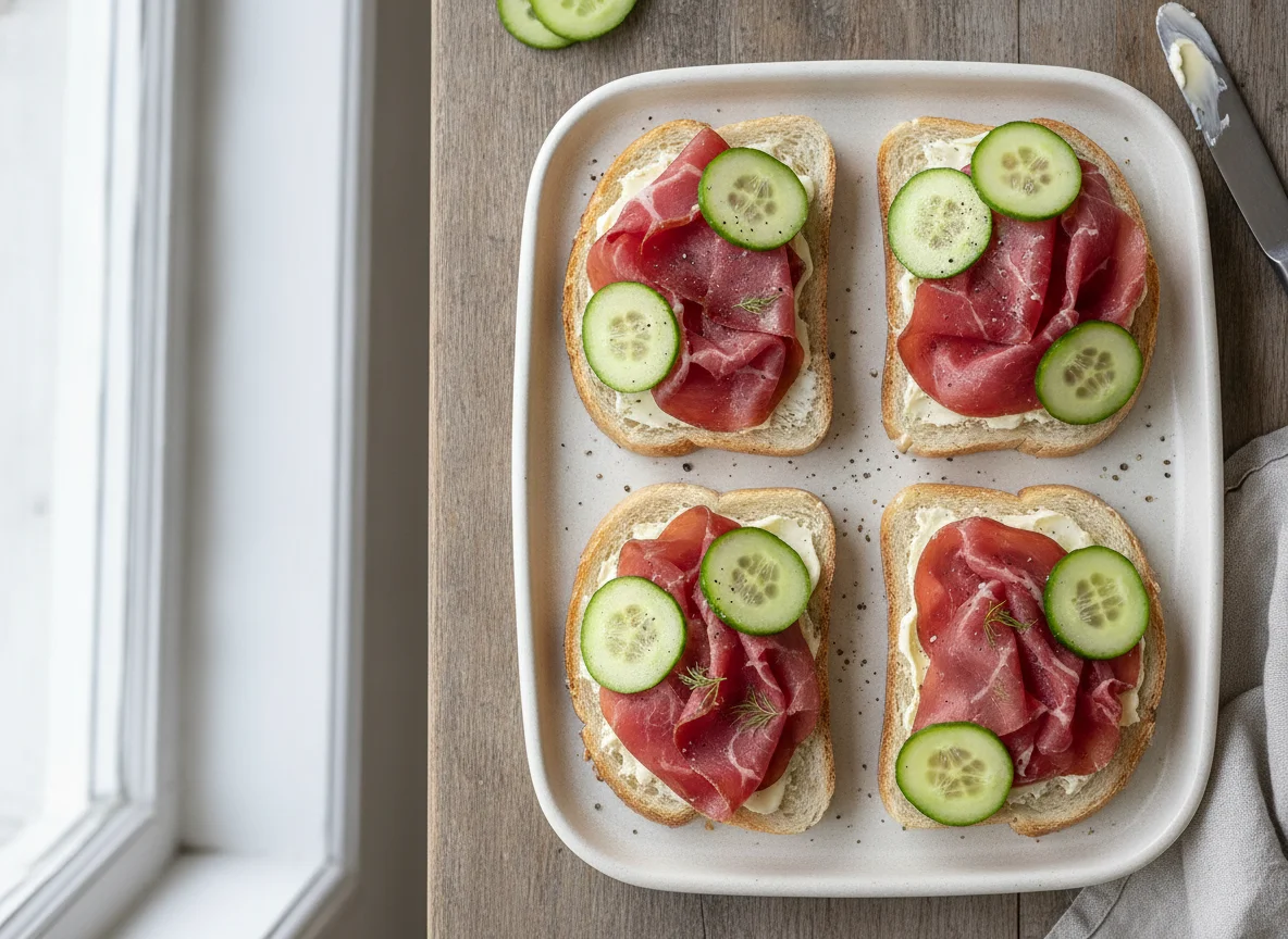 Bresaola and cucumber open sandwiches photo