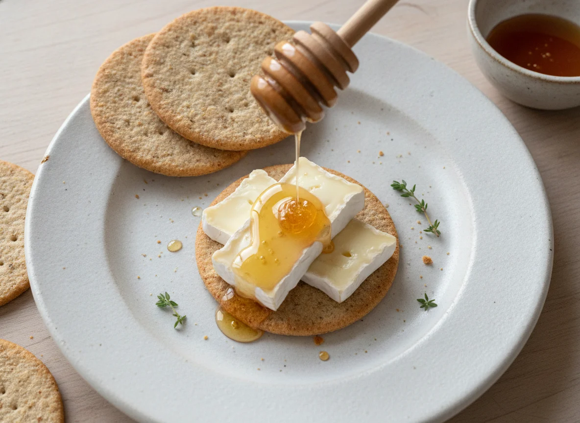 Brie and honey on a cracker photo
