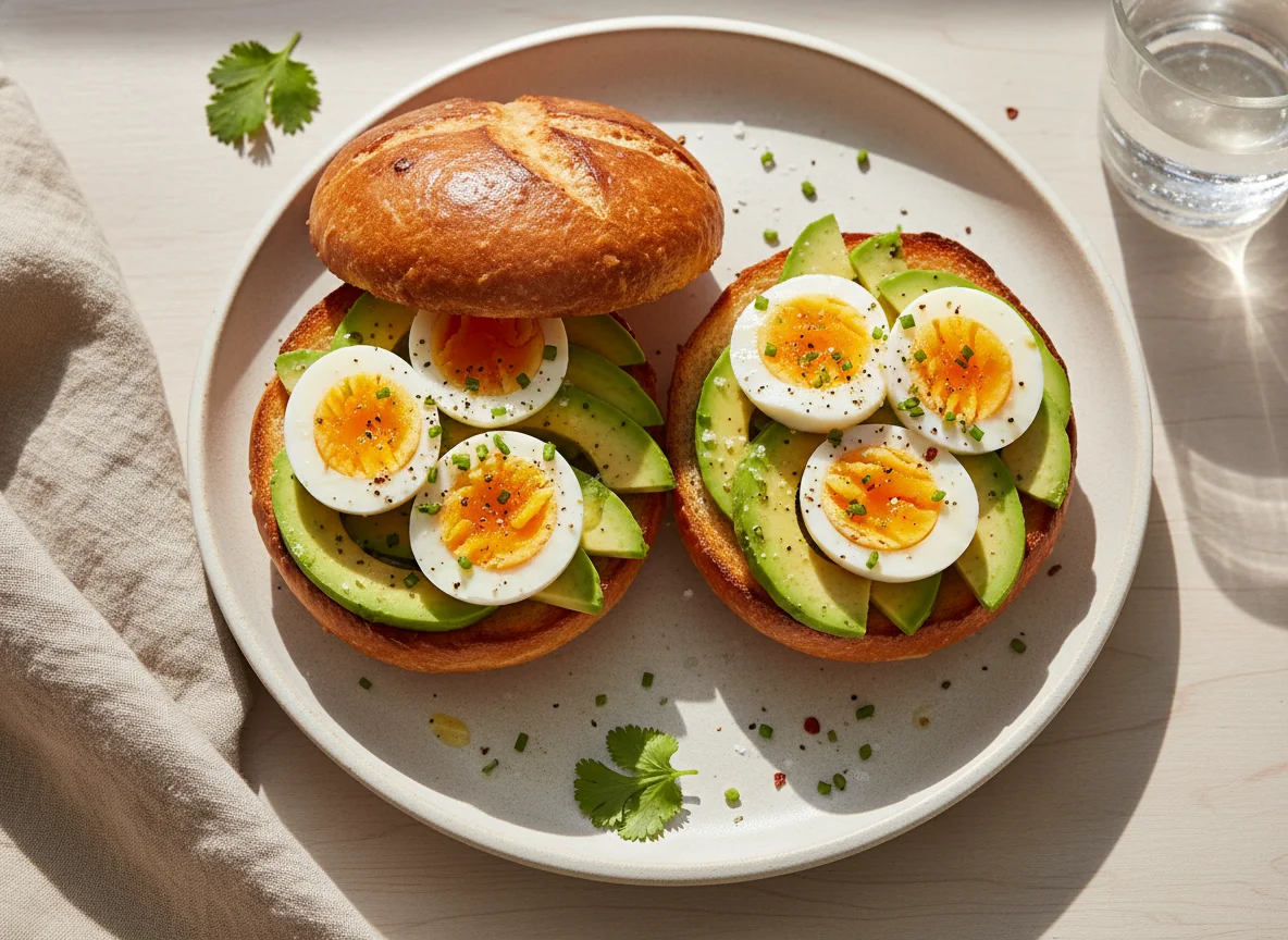 Brioche bun with avocado and hard-boiled eggs photo