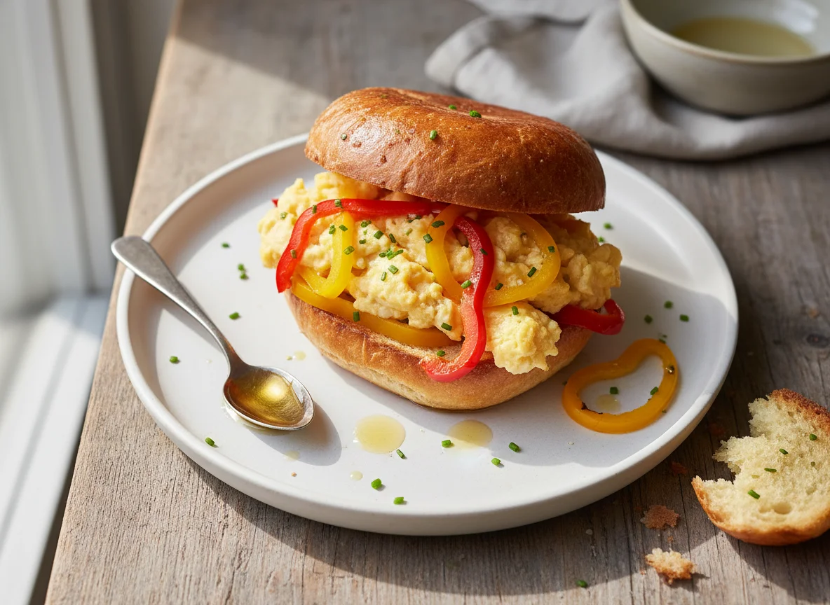 Brioche Bun with Eggs and Bell Peppers photo