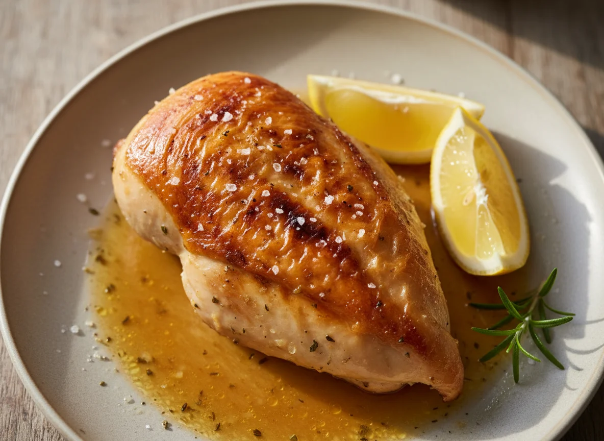British chicken breast roasted in chicken stock photo