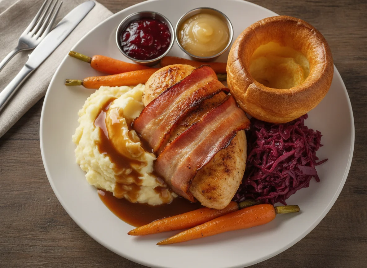 British Sunday Roast with Chicken and Bacon photo