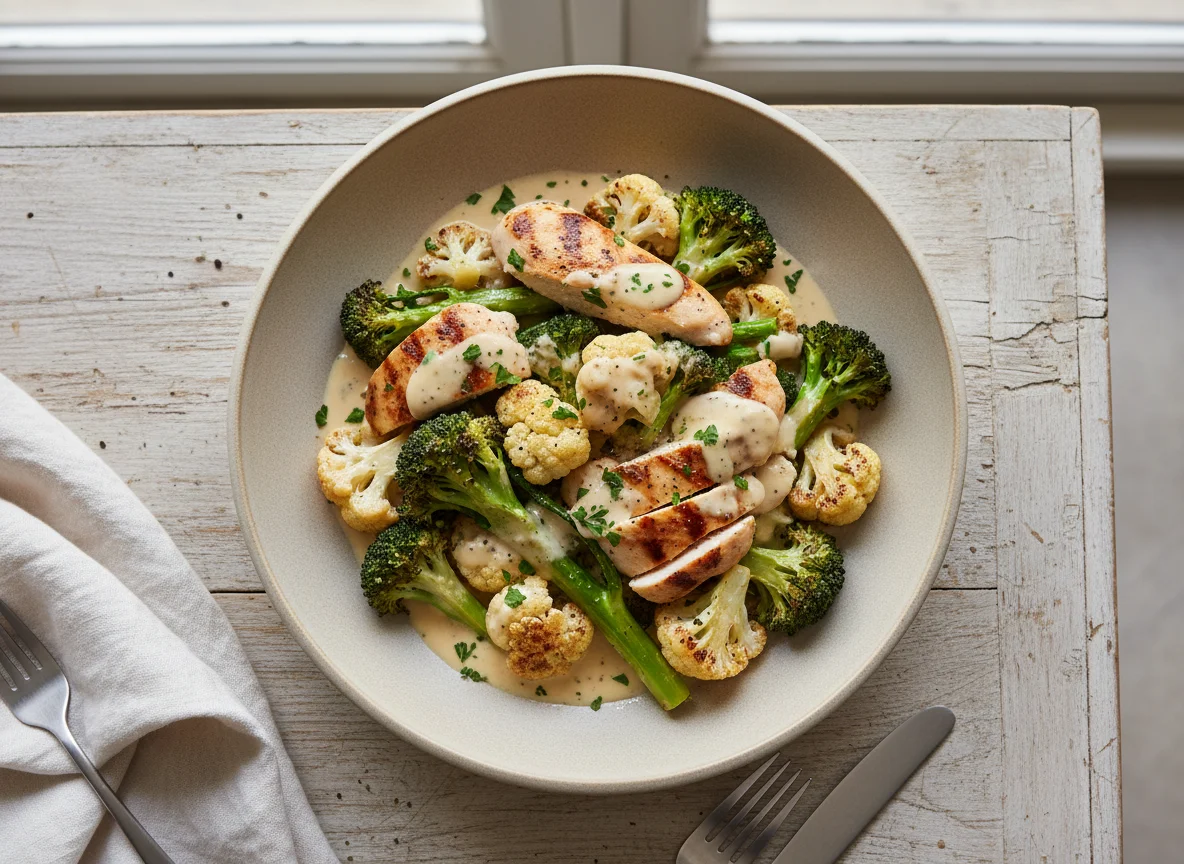 Broccoli and Cauliflower with Cream Sauce and Chicken photo