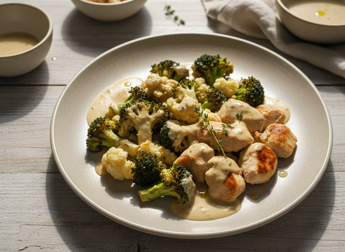 Broccoli and Cauliflower with Sauce and Chicken photo