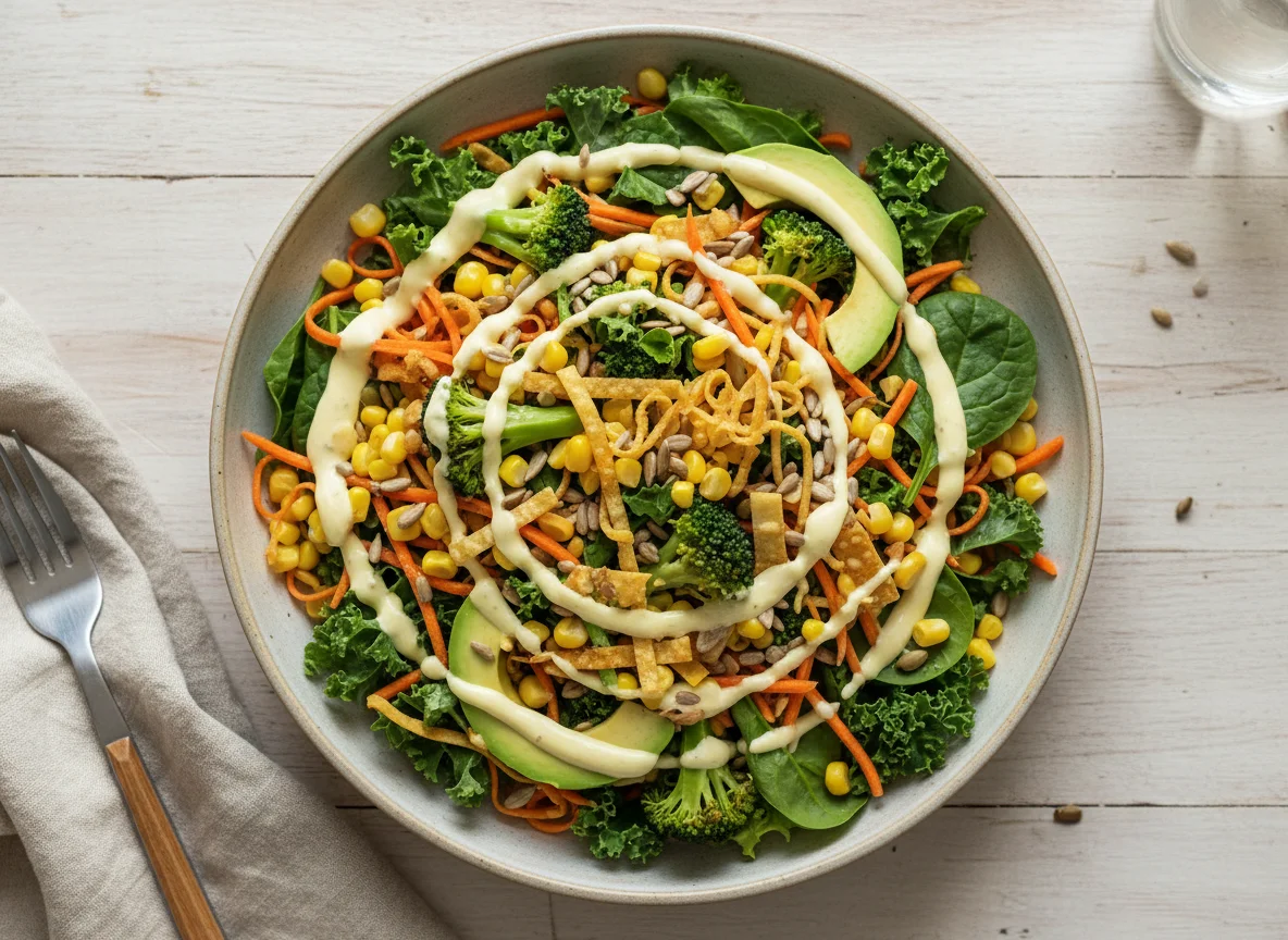 Broccoli and Mixed Green Salad with Creamy Dressing photo