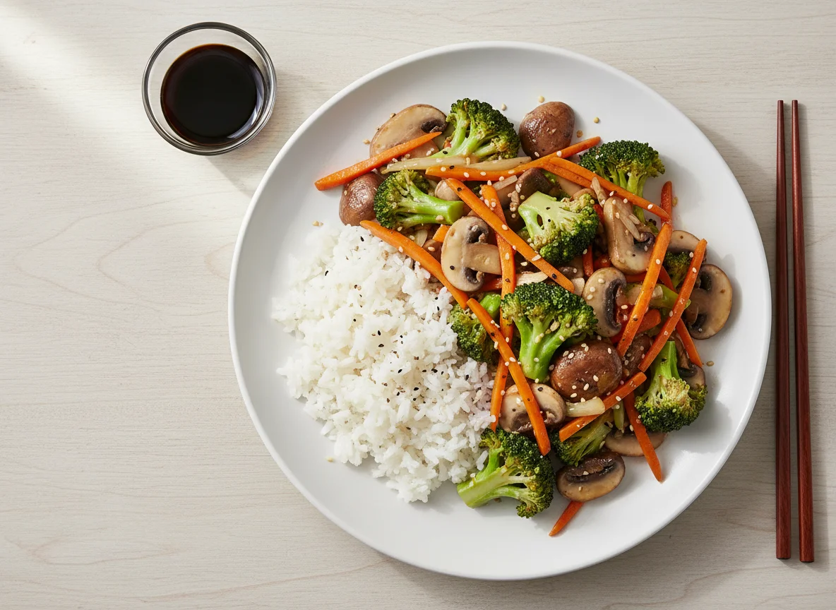 Broccoli, Mushroom, and Carrot Stir-fry with Rice photo