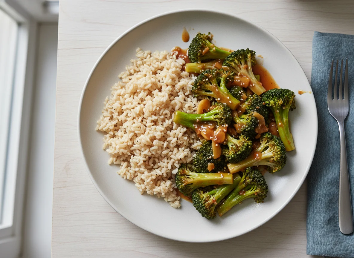 Broccoli with Sauce and Rice photo