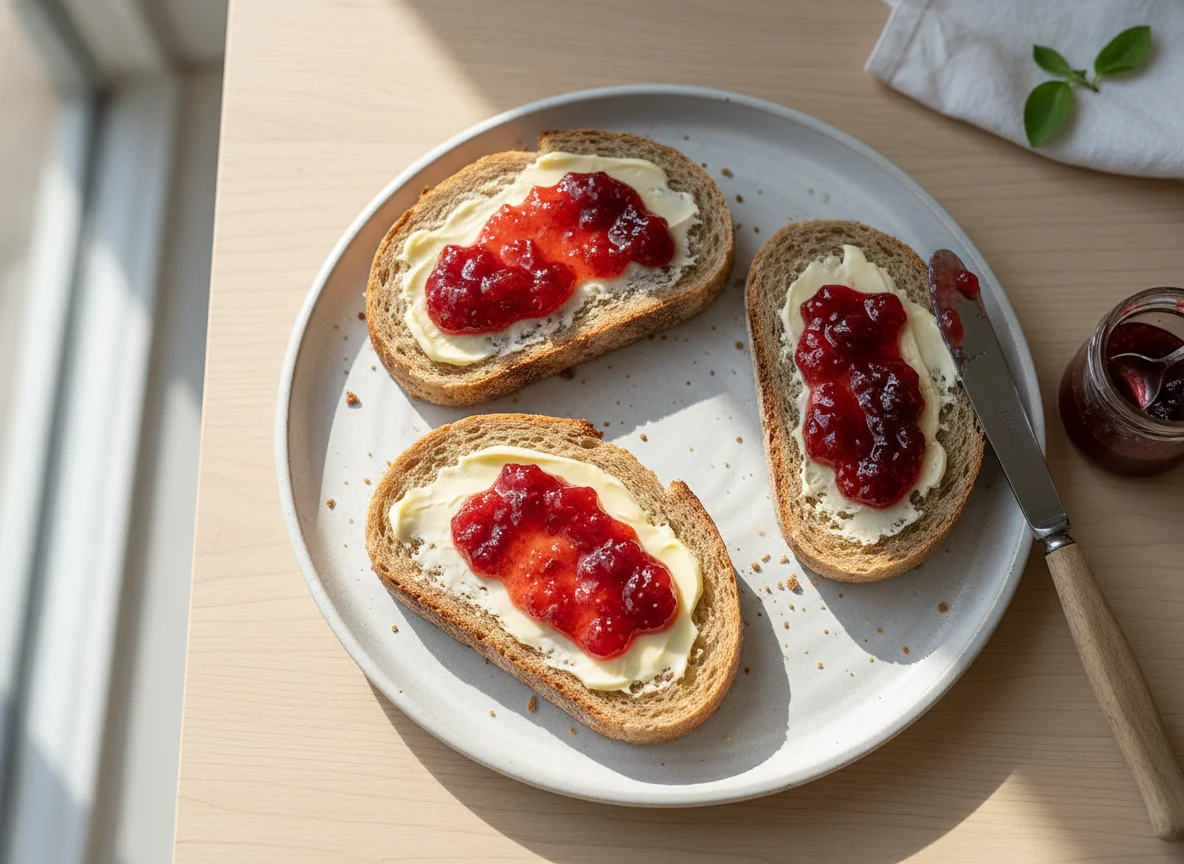 Brown bread butter and jam photo