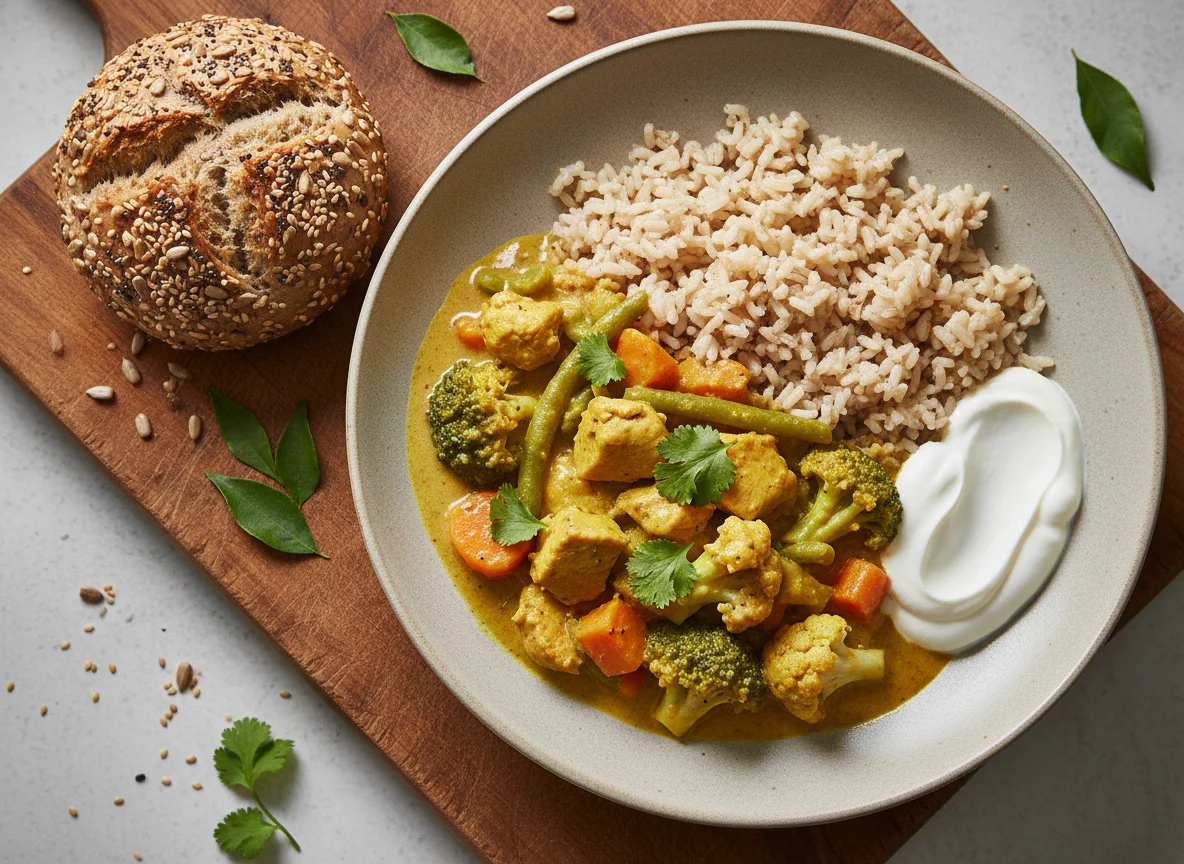 Brown rice, natural yoghurt, chicken and vegetables curry photo