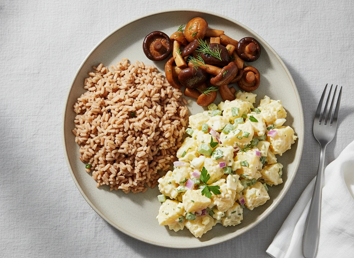 Brown rice with potato salad and pickled mushrooms photo
