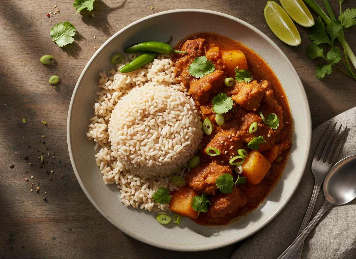 Brown Rice with Savory Stew and Fresh Herbs photo