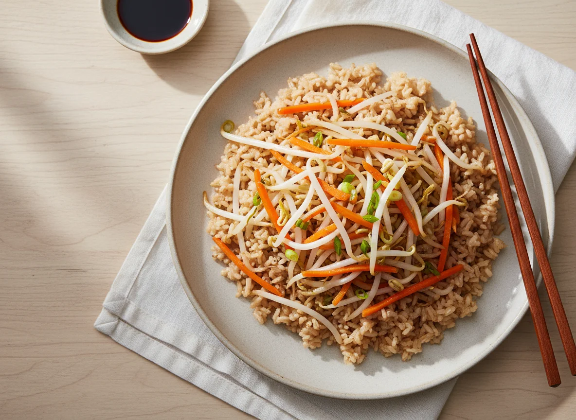 Brown Rice with Stir-fried Bean Sprouts and Carrots photo