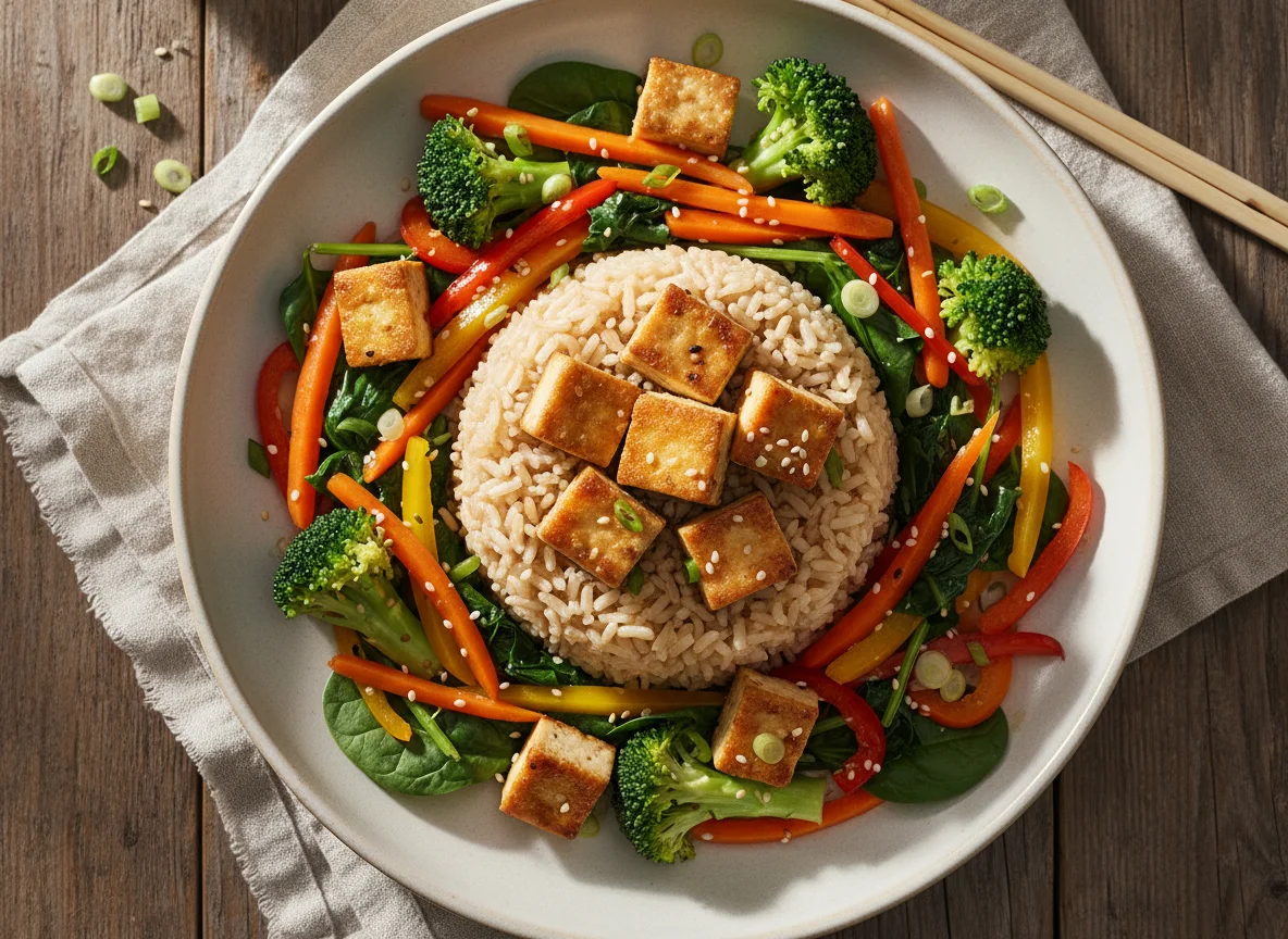 Brown Rice with Tofu and Mixed Vegetables photo