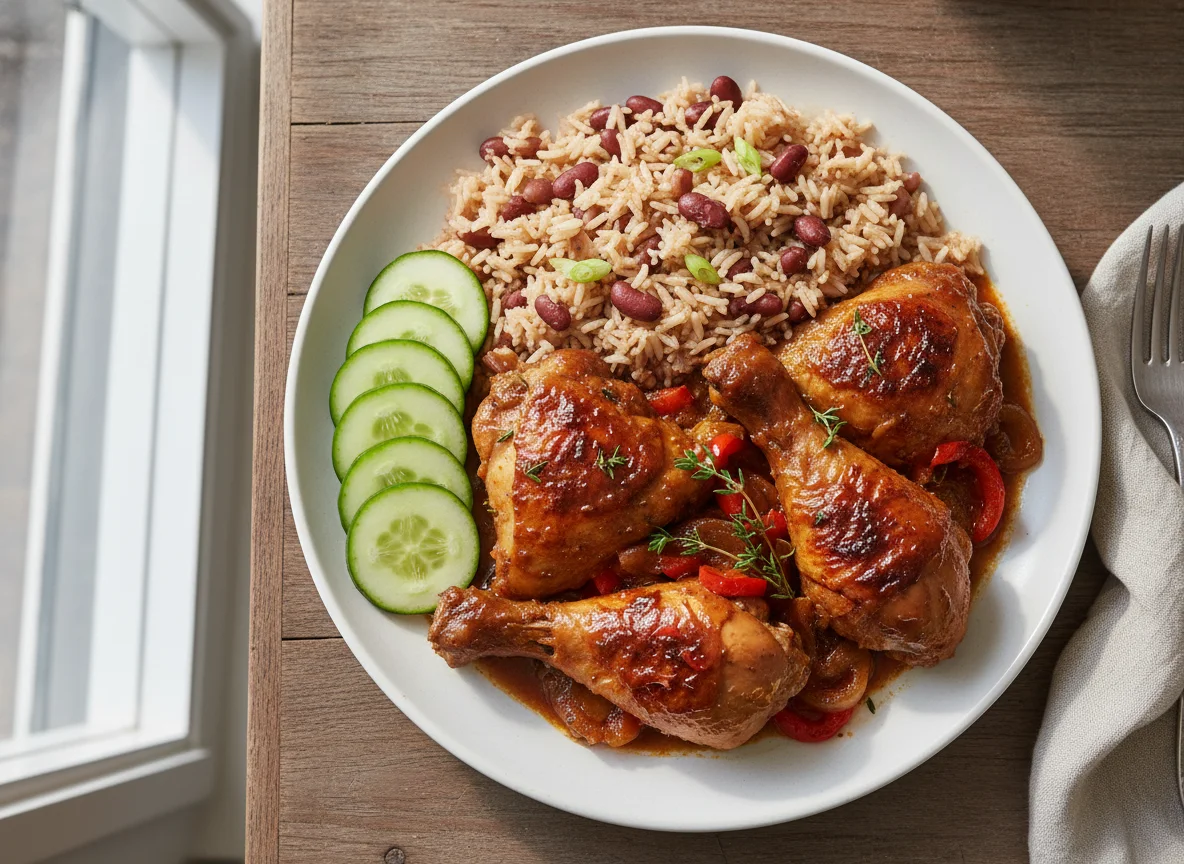 Brown Stew Chicken with Rice and Peas photo