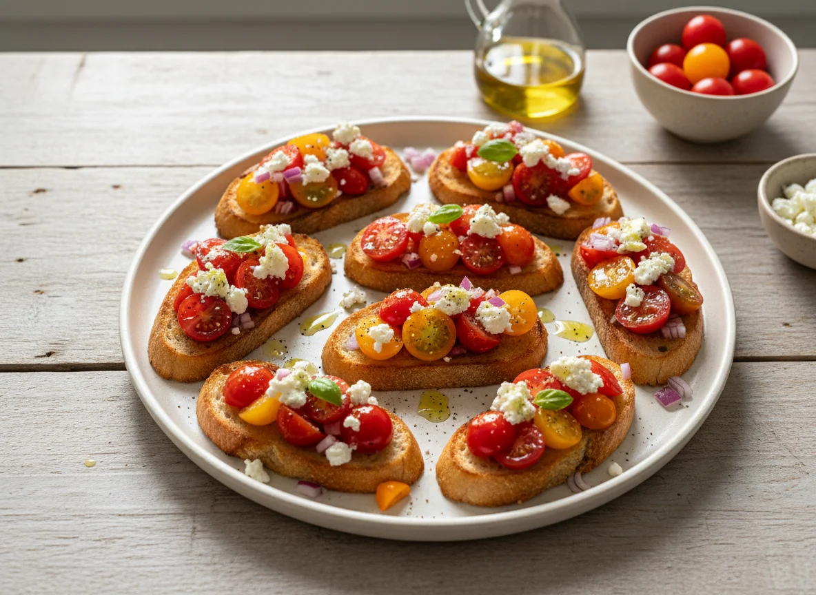 Bruschetta with Tomatoes, Onions, and Feta photo