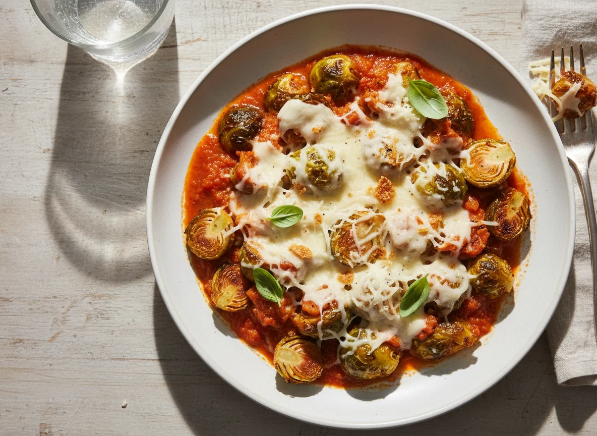 Brussels Sprouts with Tomato Sauce and Cheese photo