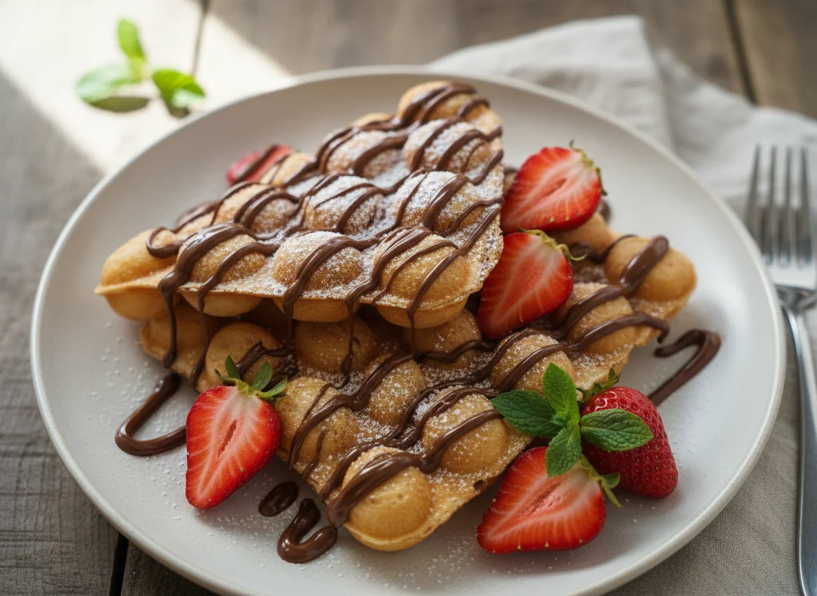 Bubble Waffle with Chocolate Drizzle and Strawberry photo