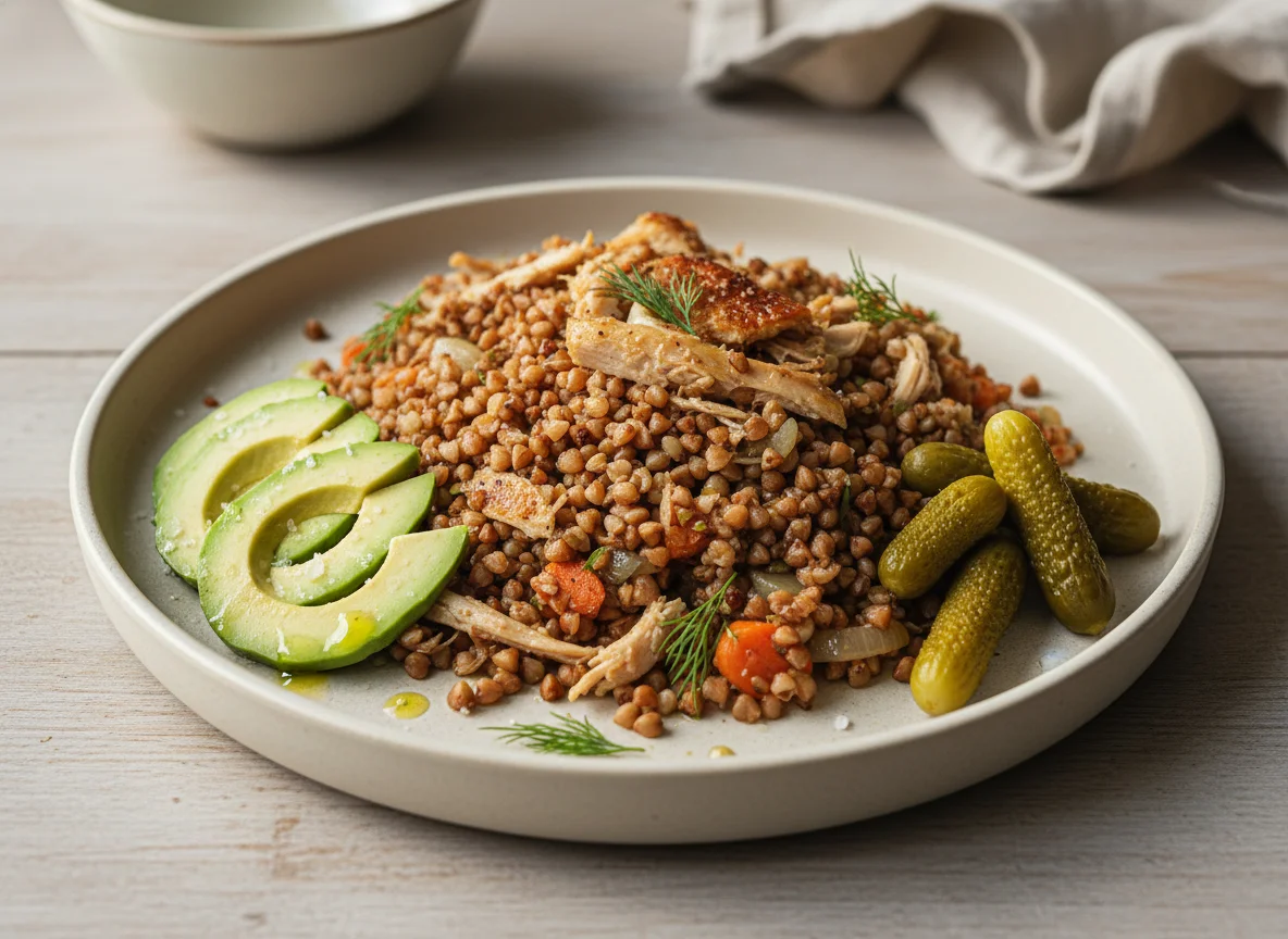 Buckwheat and Chicken Pilaf with Avocado and Pickles photo