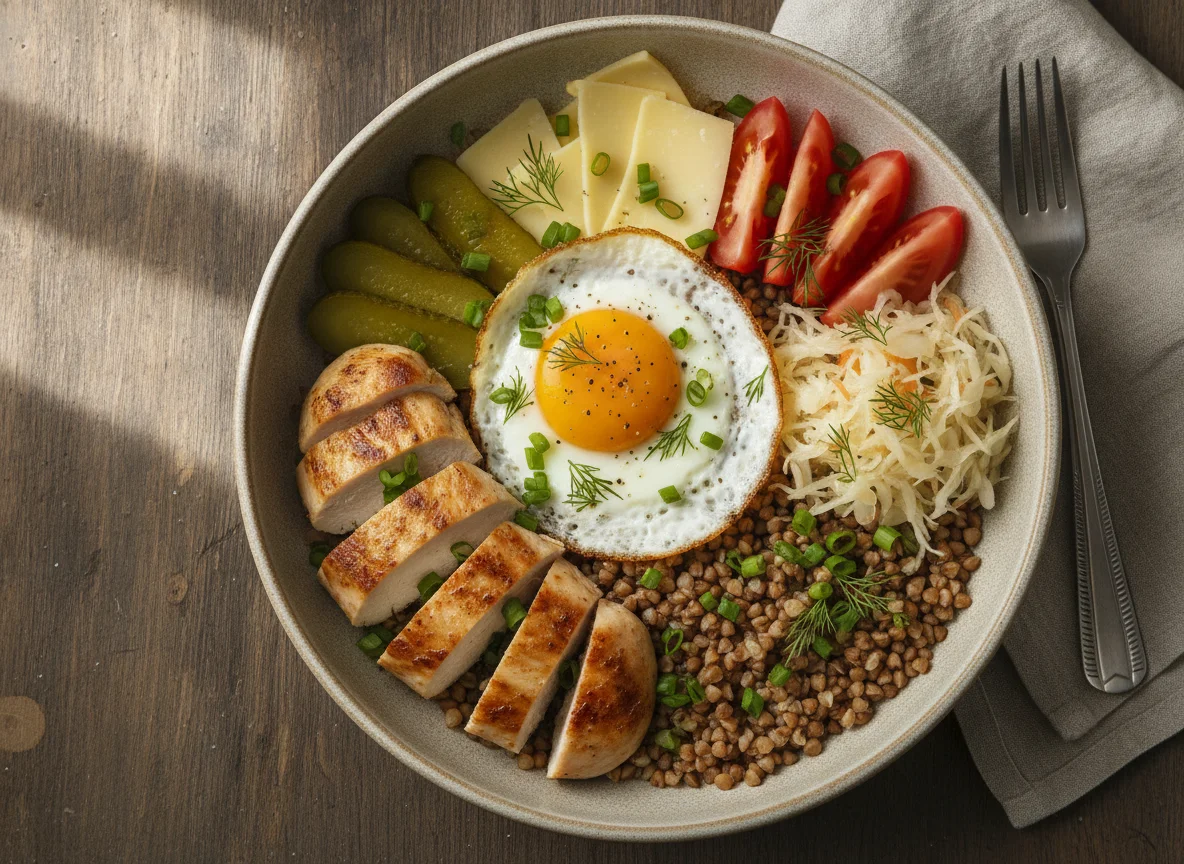 Buckwheat bowl with chicken, egg, and vegetables photo