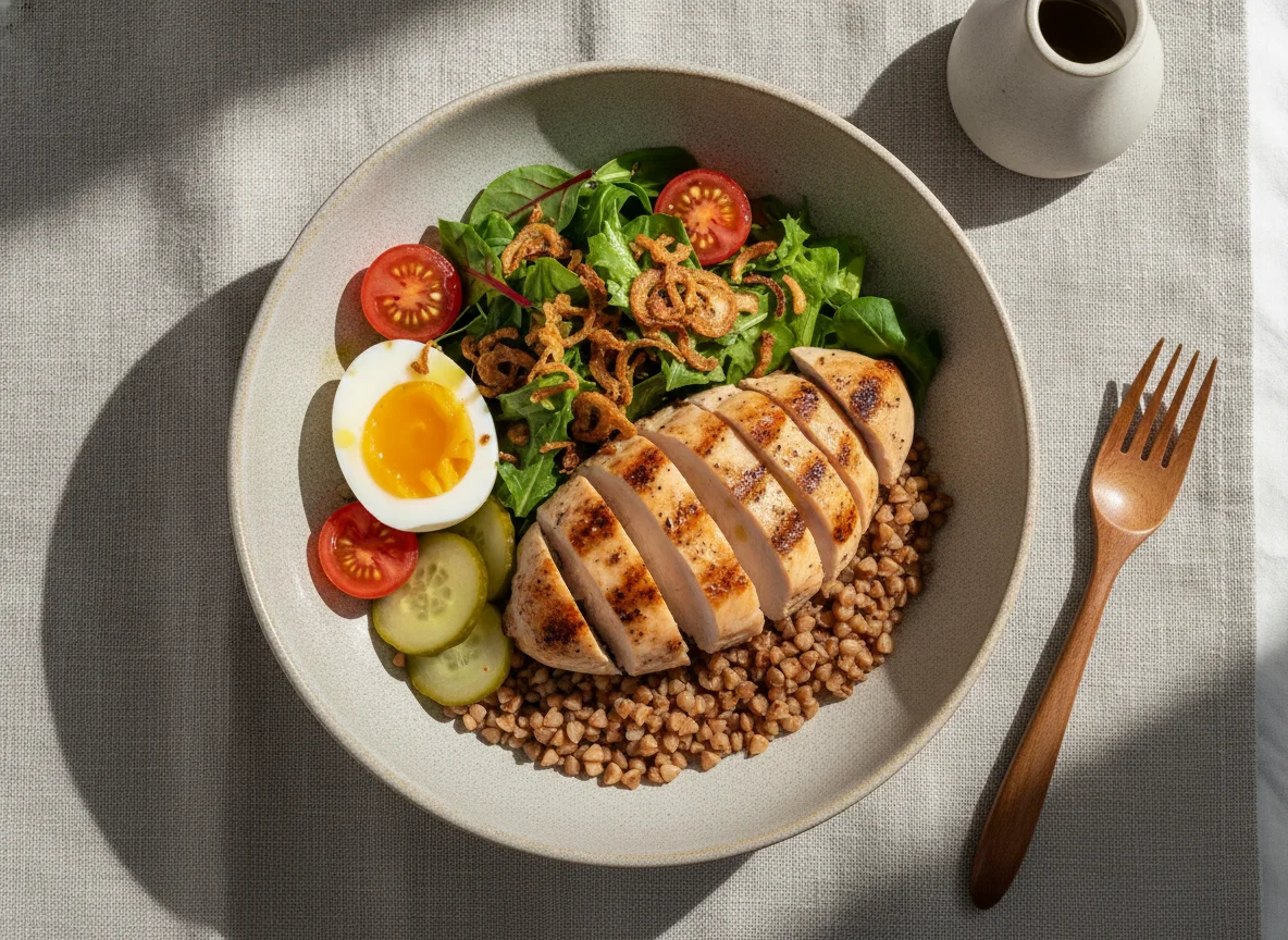 Buckwheat bowl with grilled chicken, egg, and vegetables photo