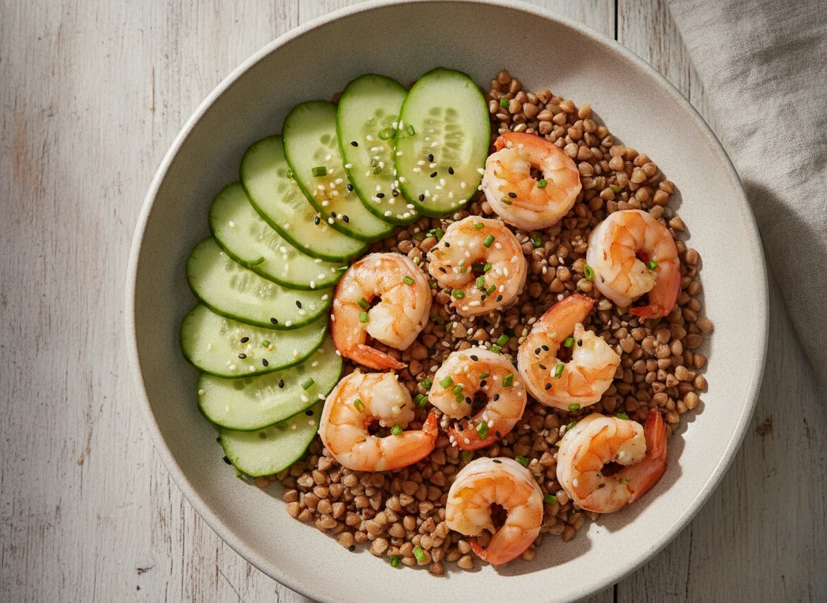 Buckwheat bowl with prawns and cucumber photo