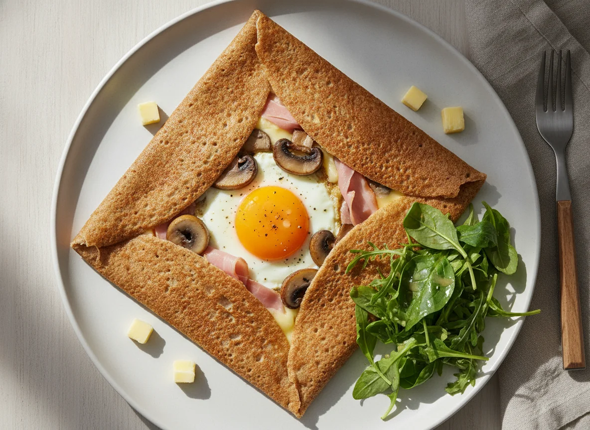 Buckwheat Galette with Egg, Mushrooms, and Ham photo
