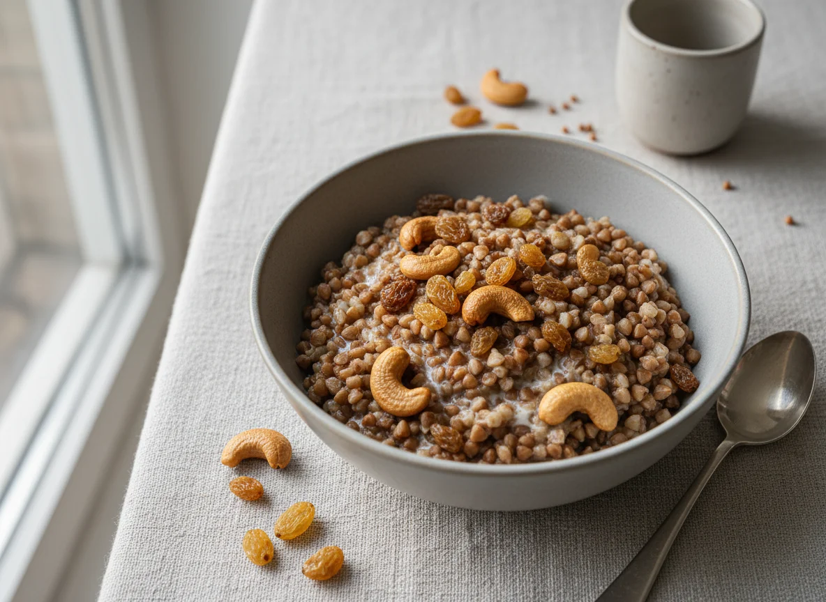 Buckwheat porridge with cashews and raisins photo