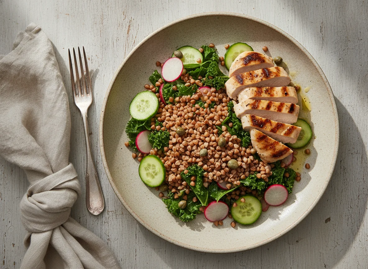 Buckwheat salad with grilled chicken photo