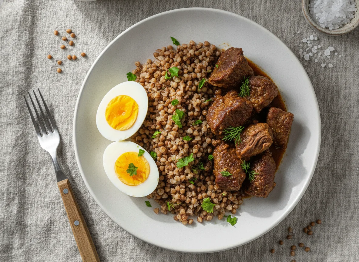 Buckwheat with Boiled Eggs and Stewed Beef photo