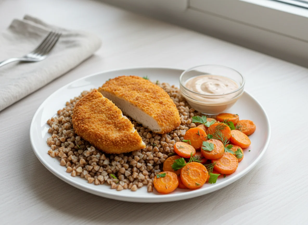 Buckwheat with Breaded Chicken and Carrots photo