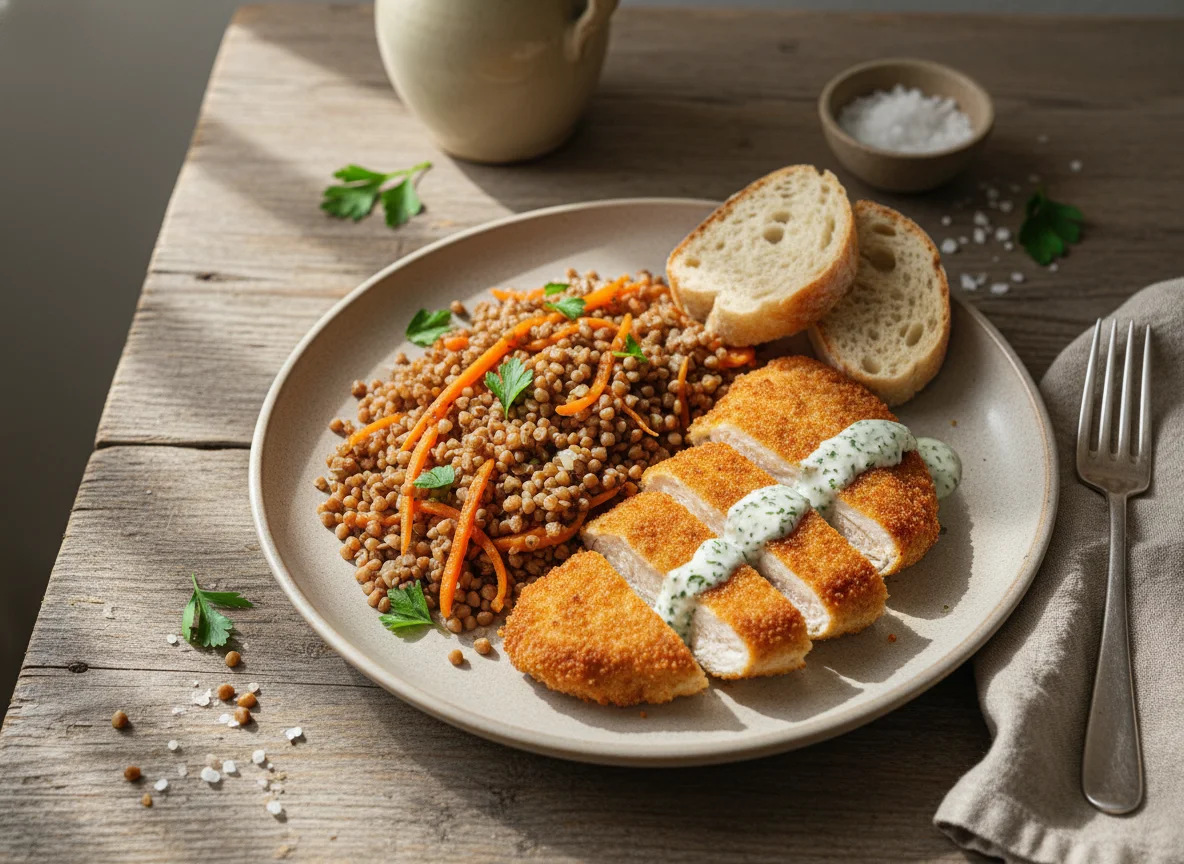 Buckwheat with Carrots and Breaded Chicken photo