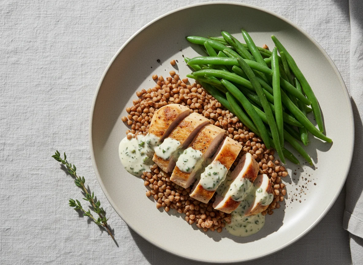 Buckwheat with chicken, green beans and creamy sauce photo