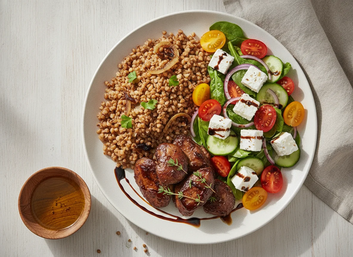 Buckwheat with Chicken Liver and Greek Salad photo