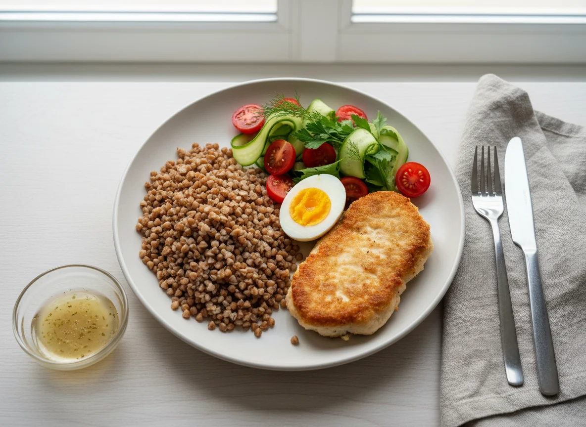 Buckwheat with Cutlet, Egg, and Salad photo