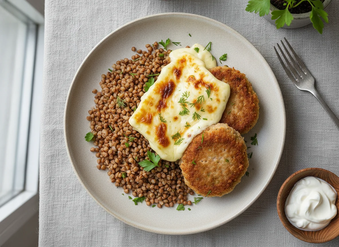 Buckwheat with Cutlets and Sulguni Cheese photo