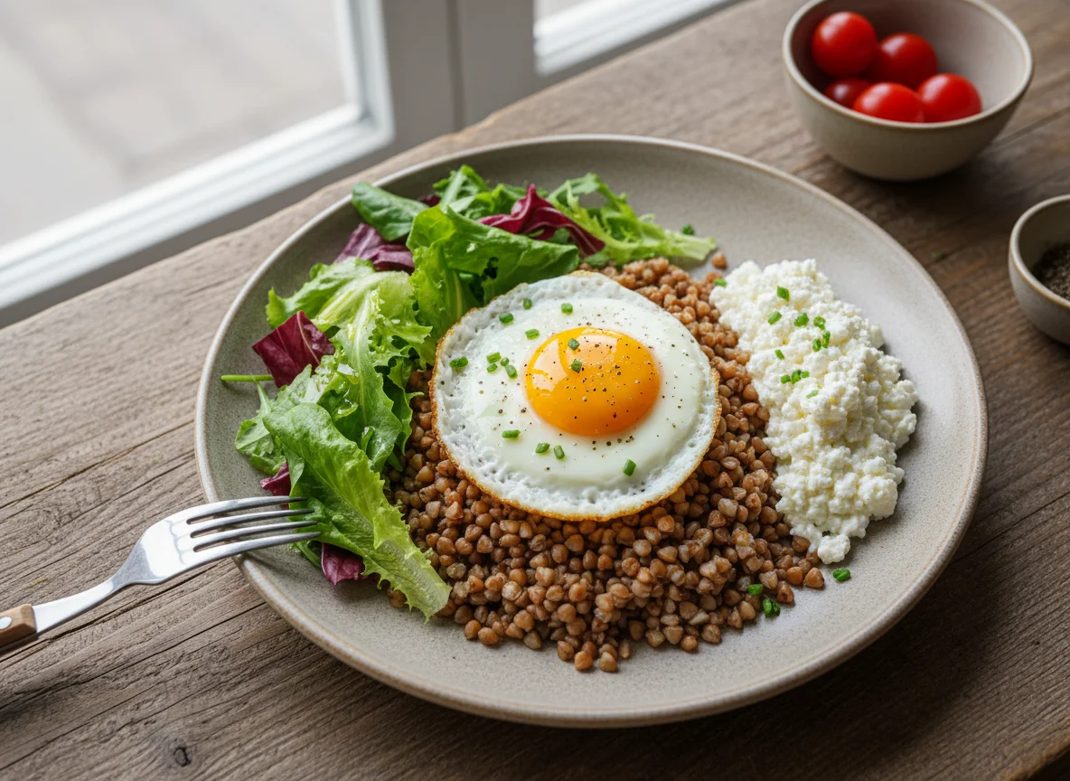 Buckwheat with Fried Egg, Lettuce, and Cottage Cheese photo
