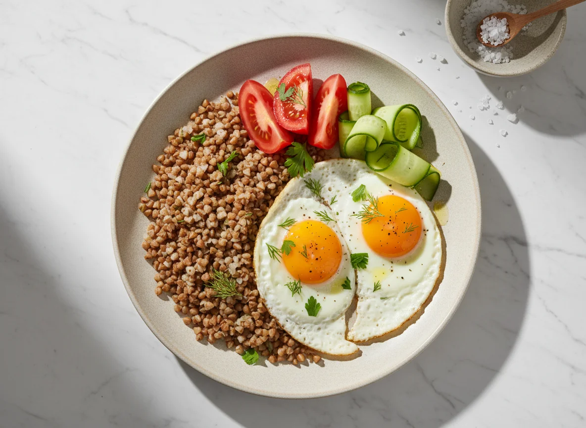 Buckwheat with fried eggs and fresh vegetables photo
