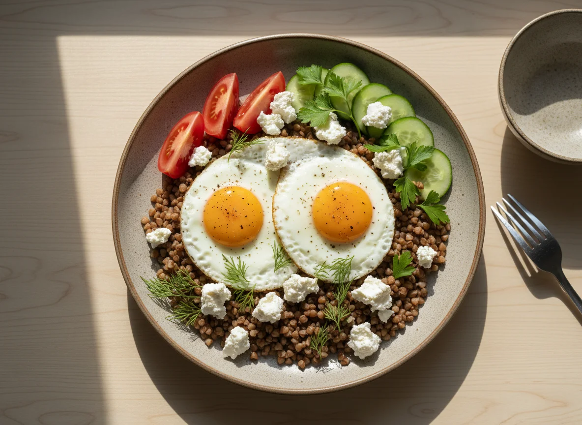 Buckwheat with fried eggs, cheese, and fresh vegetables photo
