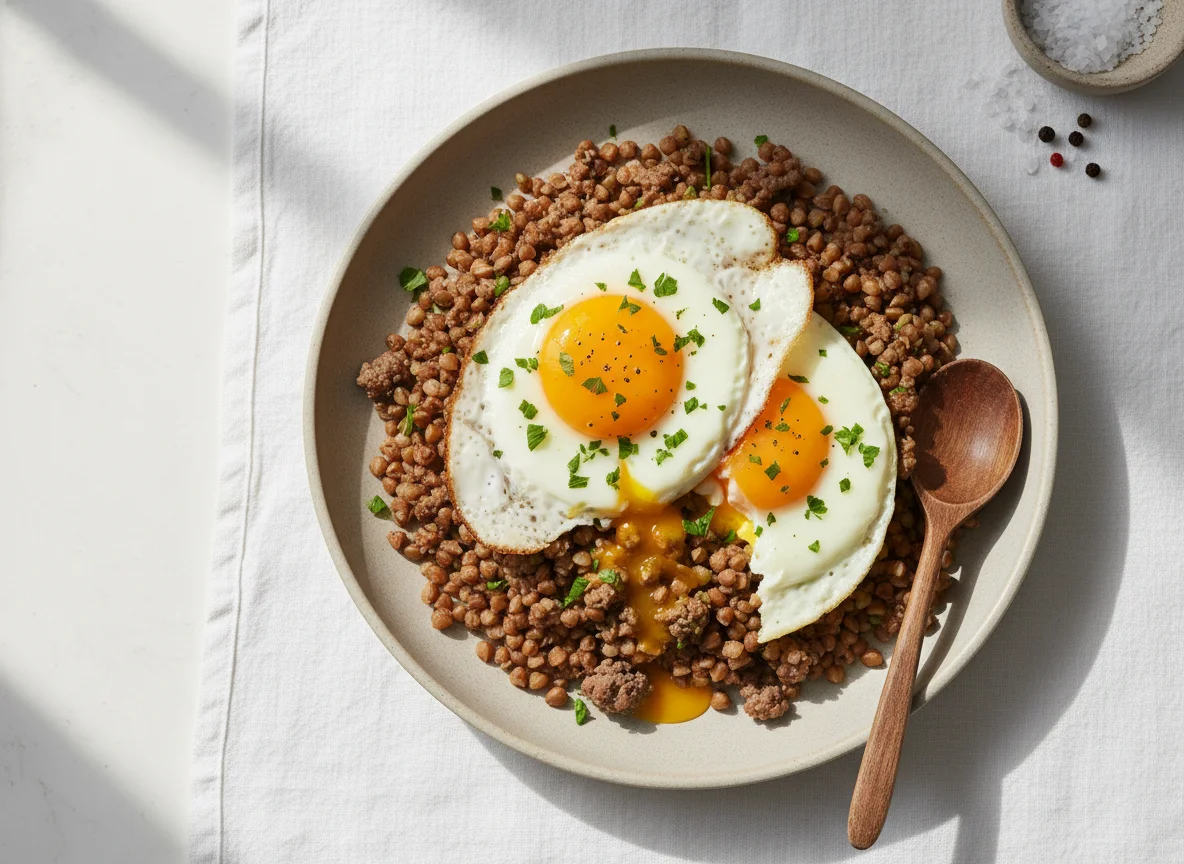Buckwheat with Ground Meat and Fried Eggs photo
